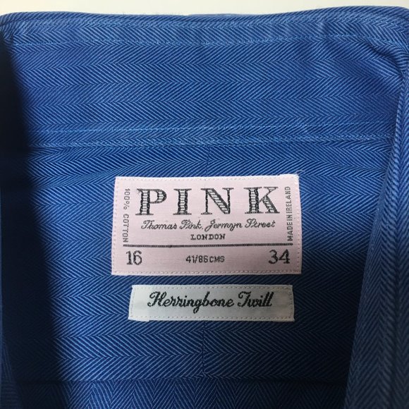 Thomas Pink Mens Long Sleeve Button Down Shirt 16/34 Blue Herringbone Twill - Picture 2 of 7